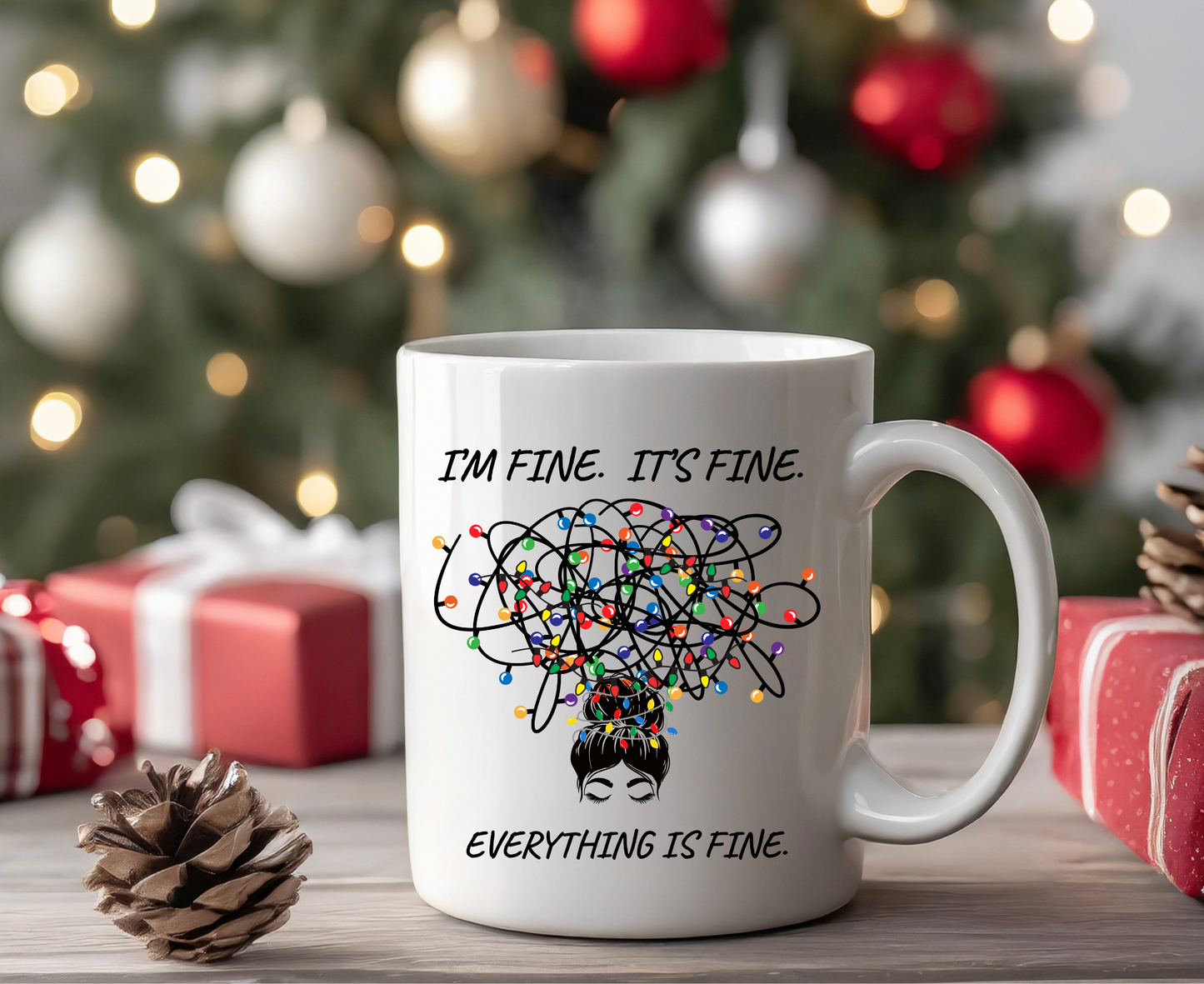 Everything Is Fine Mug | Funny Coffee Cup with Messy Bun Girl & Tangled Holiday Lights | Sarcastic Christmas Gift for Her | Christmas Gift