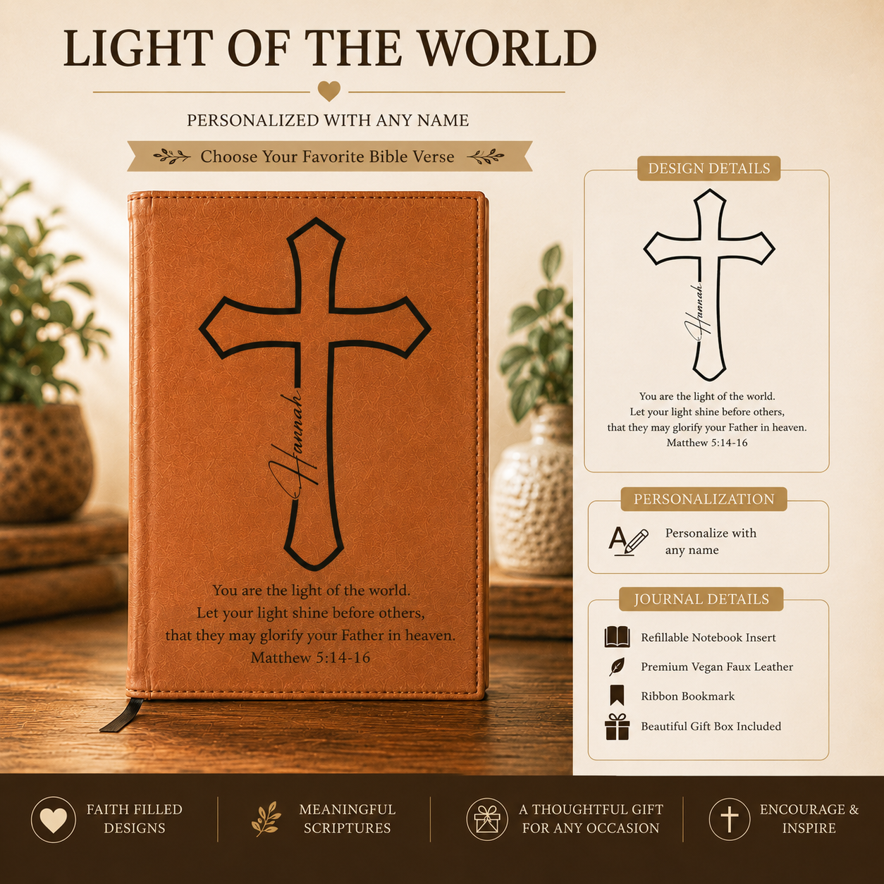 Personalized Christian Journal with Bible Verse | Custom Engraved Refillable Leather Prayer Journal