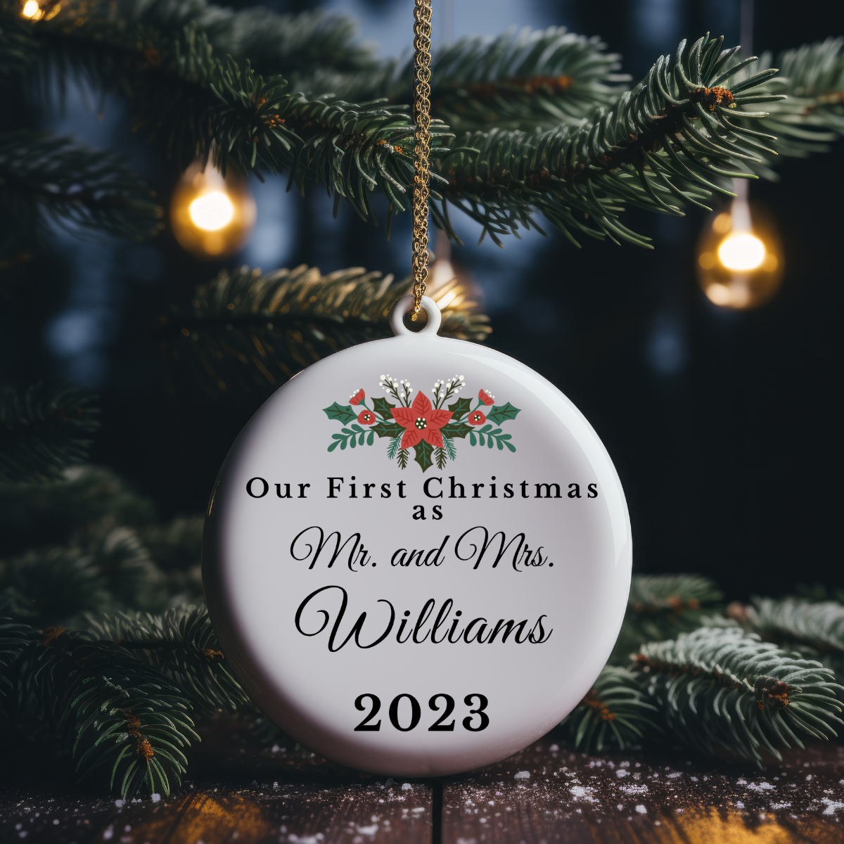 Personalized Circle Ornament: First Christmas As Mr. & Mrs.