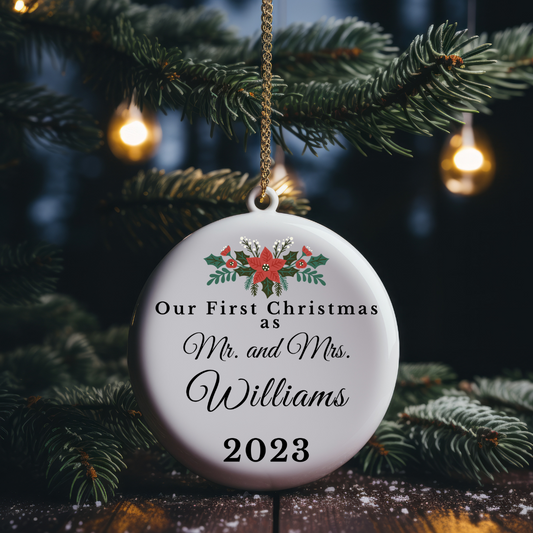 Personalized Circle Ornament: First Christmas As Mr. & Mrs.