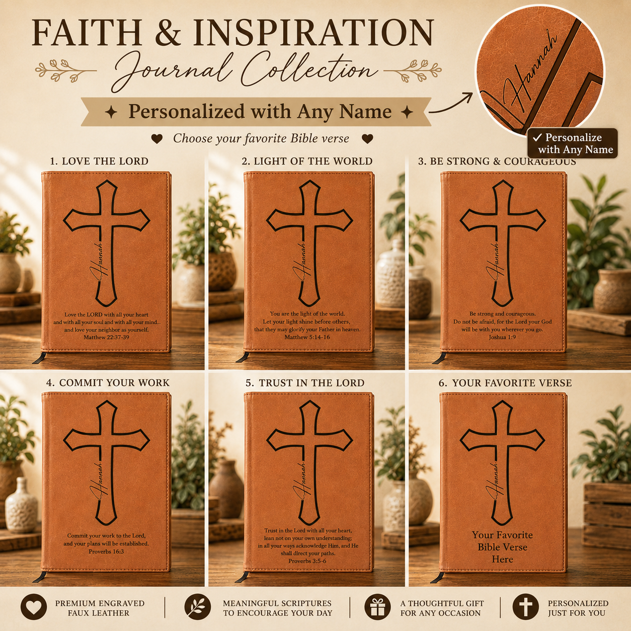 Personalized Christian Journal with Bible Verse | Custom Engraved Refillable Leather Prayer Journal