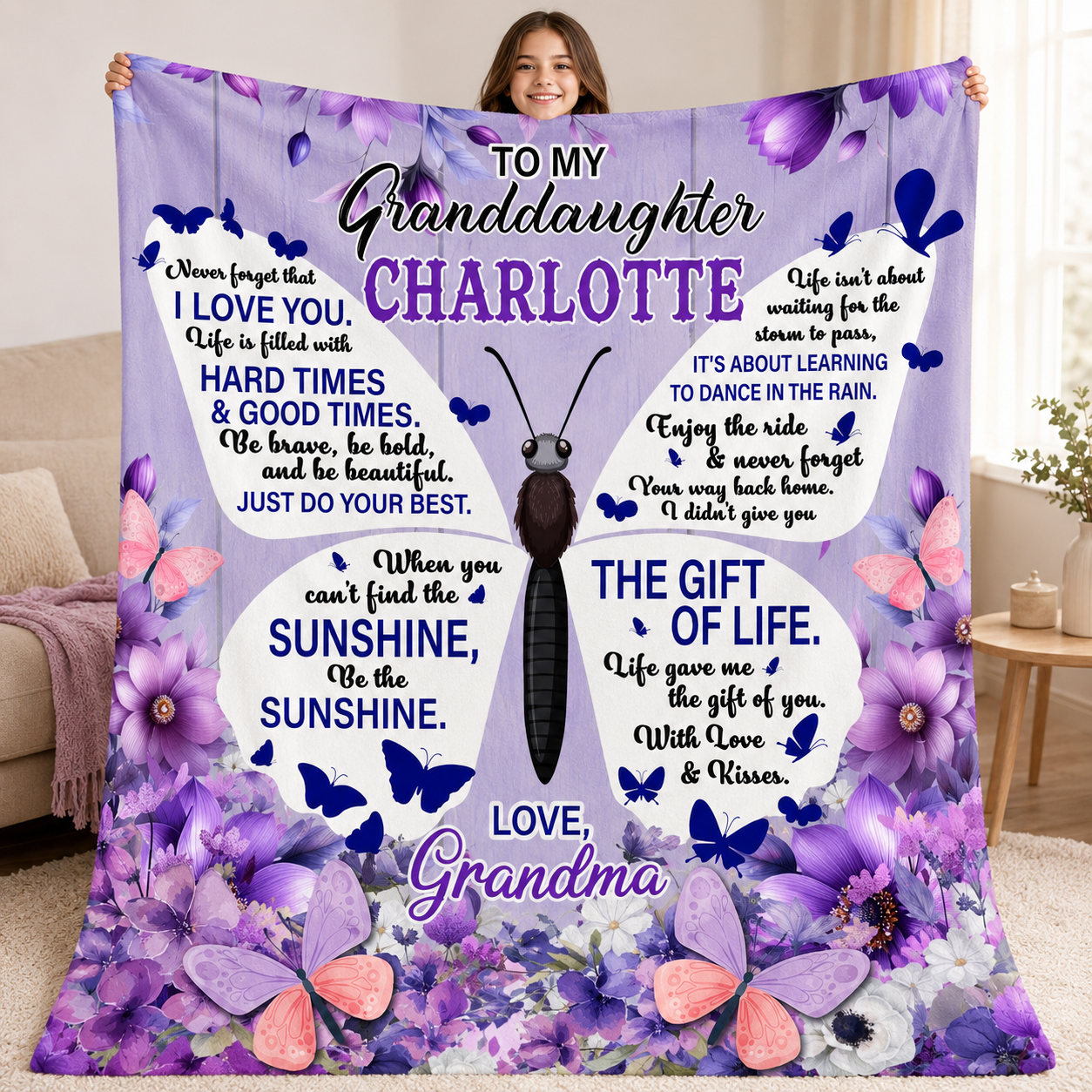 Personalized Granddaughter Sherpa Blanket | Custom Name Butterfly Blanket from Grandma, Abuela, Gigi, Nona, Oma | Ultra Soft 60" x 80" Keepsake Gift