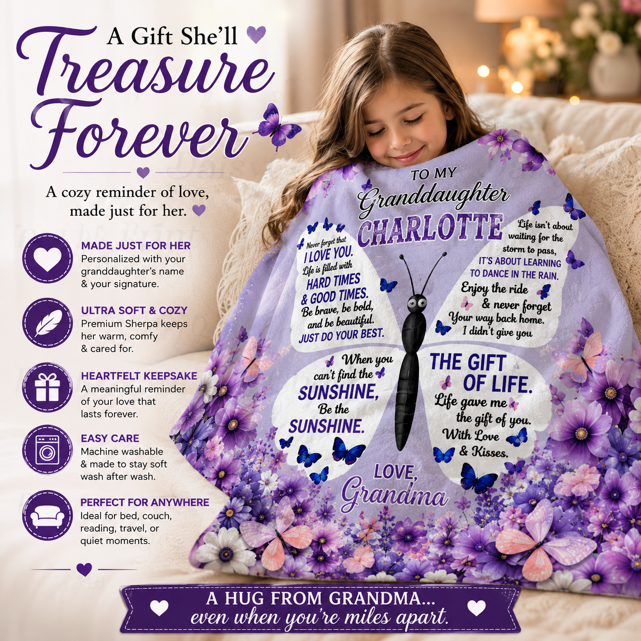 Personalized Granddaughter Sherpa Blanket | Custom Name Butterfly Blanket from Grandma, Abuela, Gigi, Nona, Oma | Ultra Soft 60" x 80" Keepsake Gift