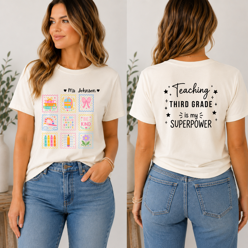 Personalized Teacher Shirt | Custom Name Back to School Tee | Cute Elementary Teacher T-Shirt with Optional Back Design