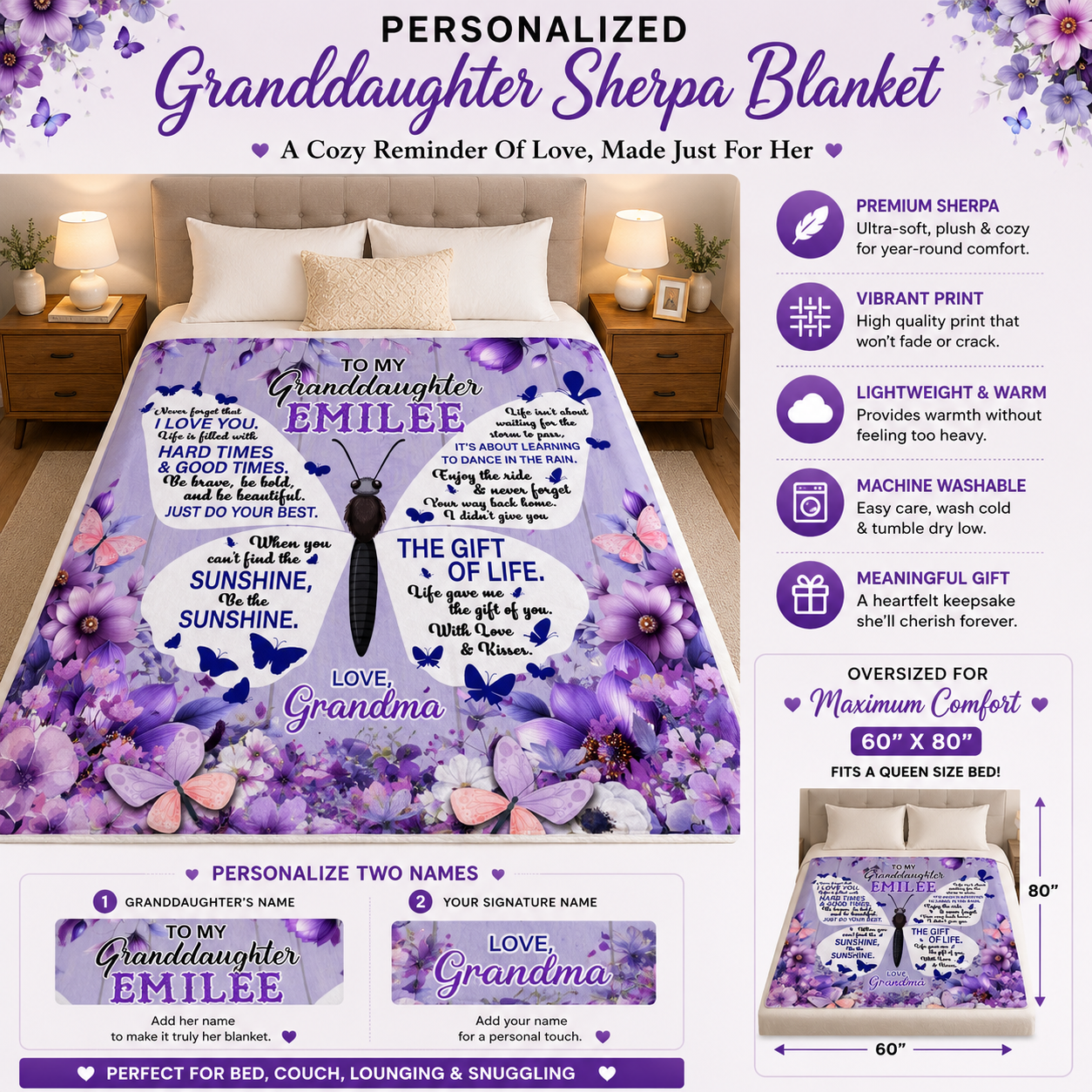 Personalized Granddaughter Sherpa Blanket | Custom Name Butterfly Blanket from Grandma, Abuela, Gigi, Nona, Oma | Ultra Soft 60" x 80" Keepsake Gift