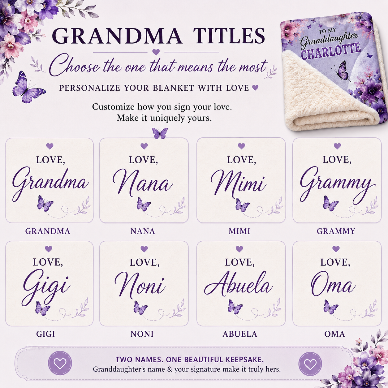 Personalized Granddaughter Sherpa Blanket | Custom Name Butterfly Blanket from Grandma, Abuela, Gigi, Nona, Oma | Ultra Soft 60" x 80" Keepsake Gift