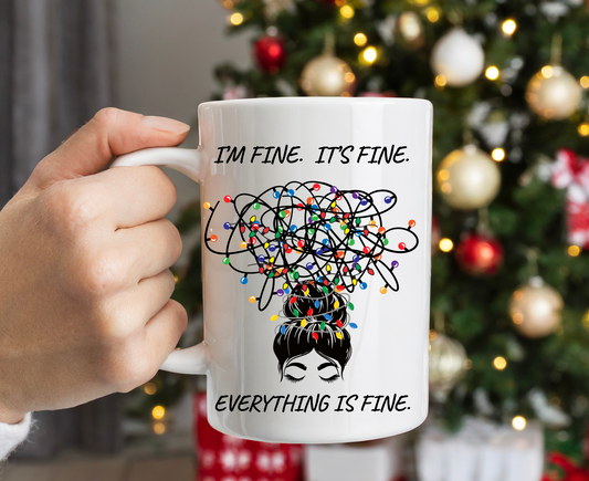 Everything Is Fine Mug | Funny Coffee Cup with Messy Bun Girl & Tangled Holiday Lights | Sarcastic Christmas Gift for Her | Christmas Gift