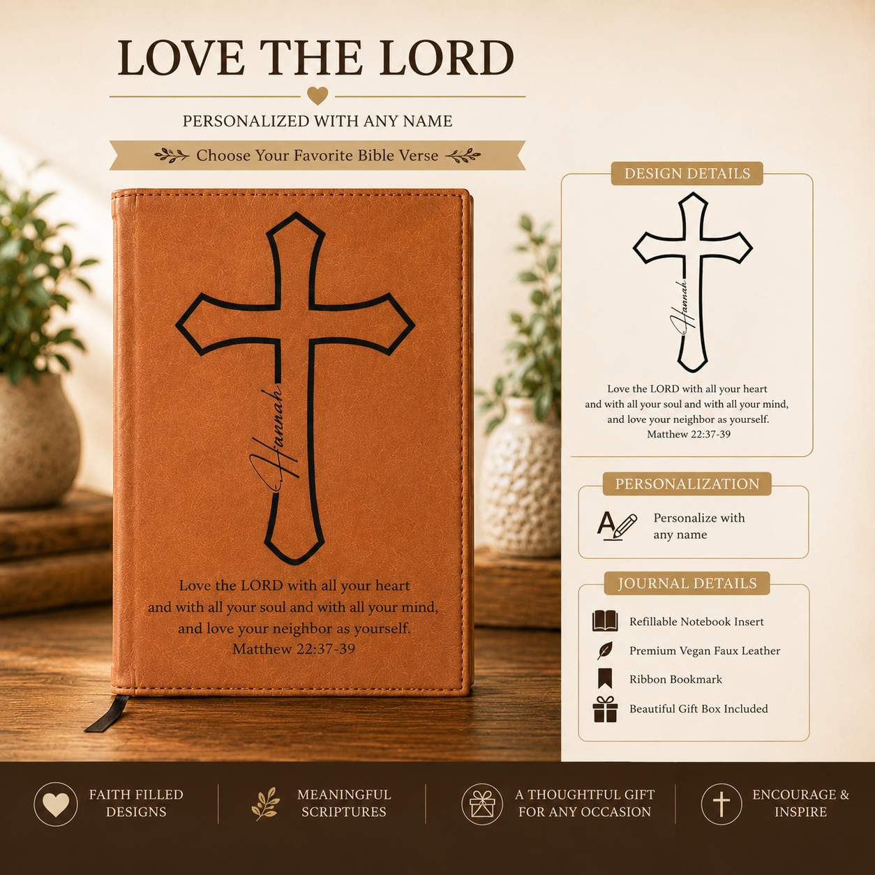Personalized Christian Journal with Bible Verse | Custom Engraved Refillable Leather Prayer Journal