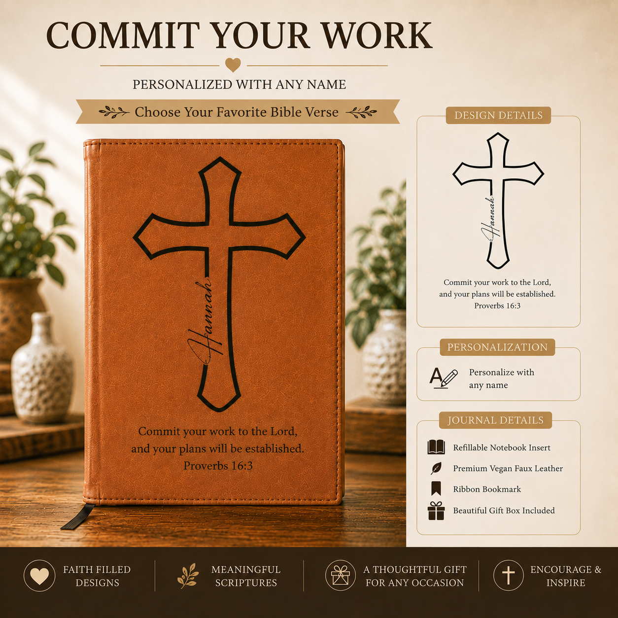 Personalized Christian Journal with Bible Verse | Custom Engraved Refillable Leather Prayer Journal