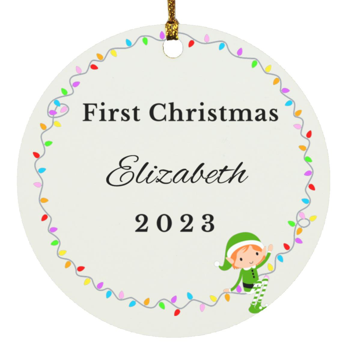 Personalized Circle Ornament: Baby's First Christmas Elf