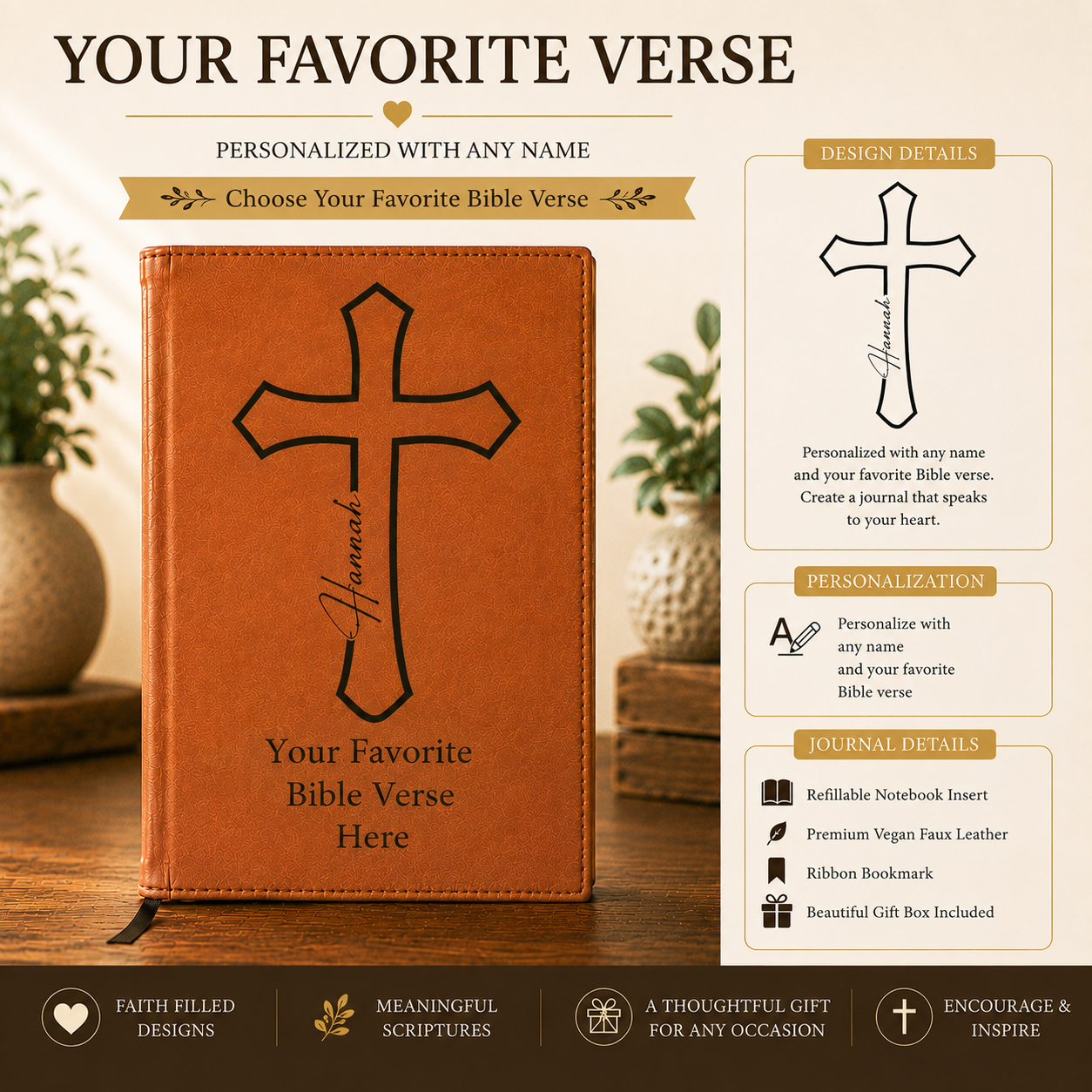 Personalized Christian Journal with Bible Verse | Custom Engraved Refillable Leather Prayer Journal