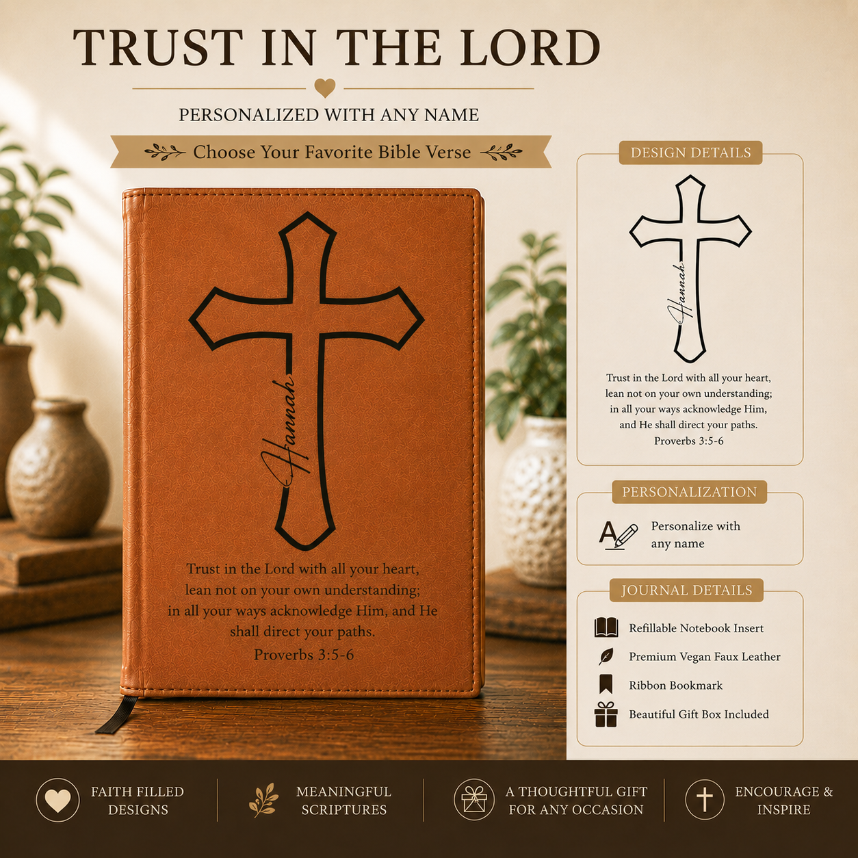 Personalized Christian Journal with Bible Verse | Custom Engraved Refillable Leather Prayer Journal