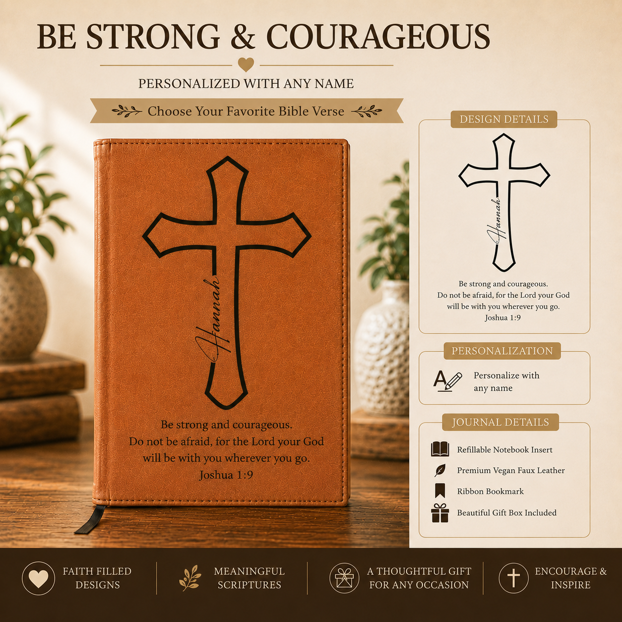 Personalized Christian Journal with Bible Verse | Custom Engraved Refillable Leather Prayer Journal