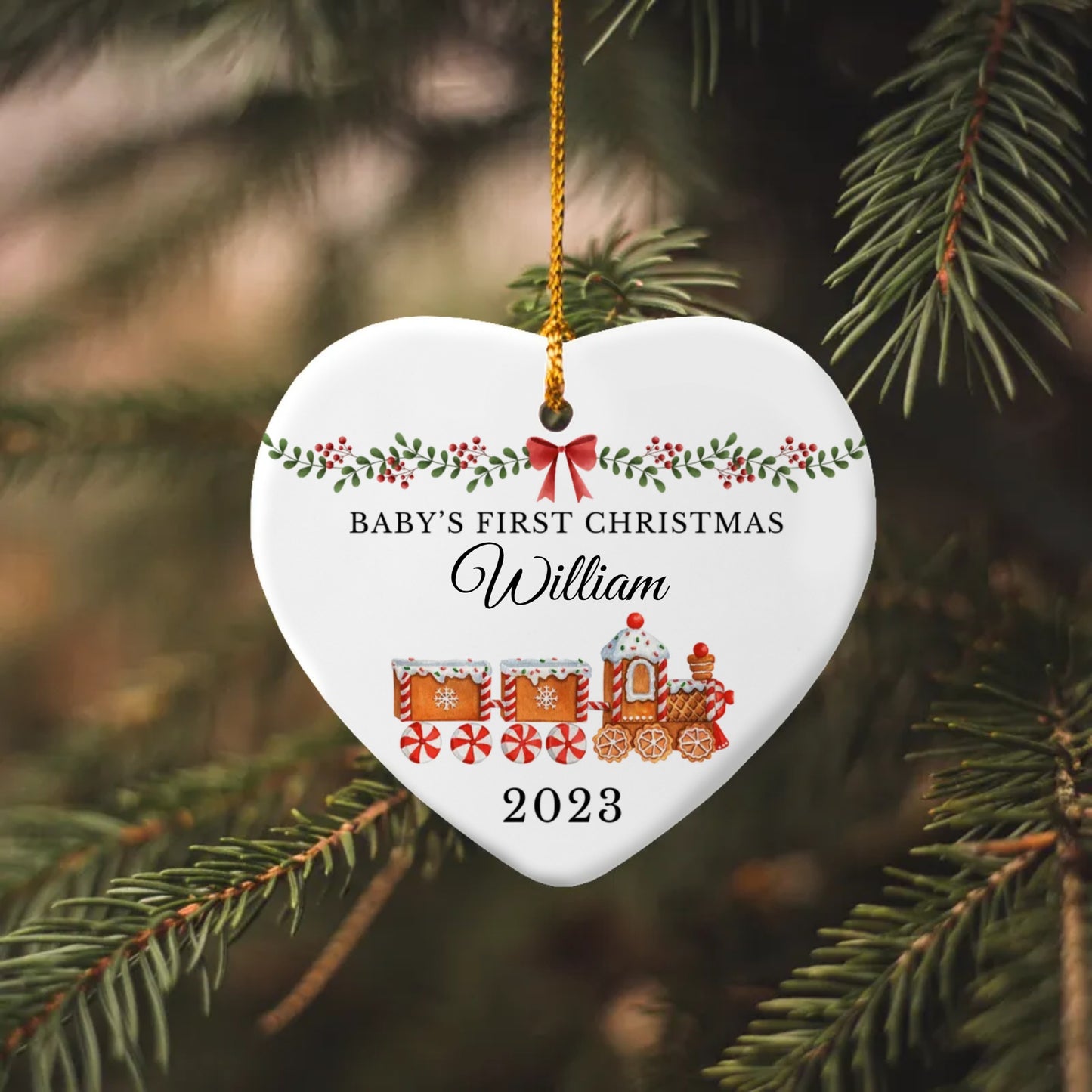 Baby's First Christmas Train Heart Ornament