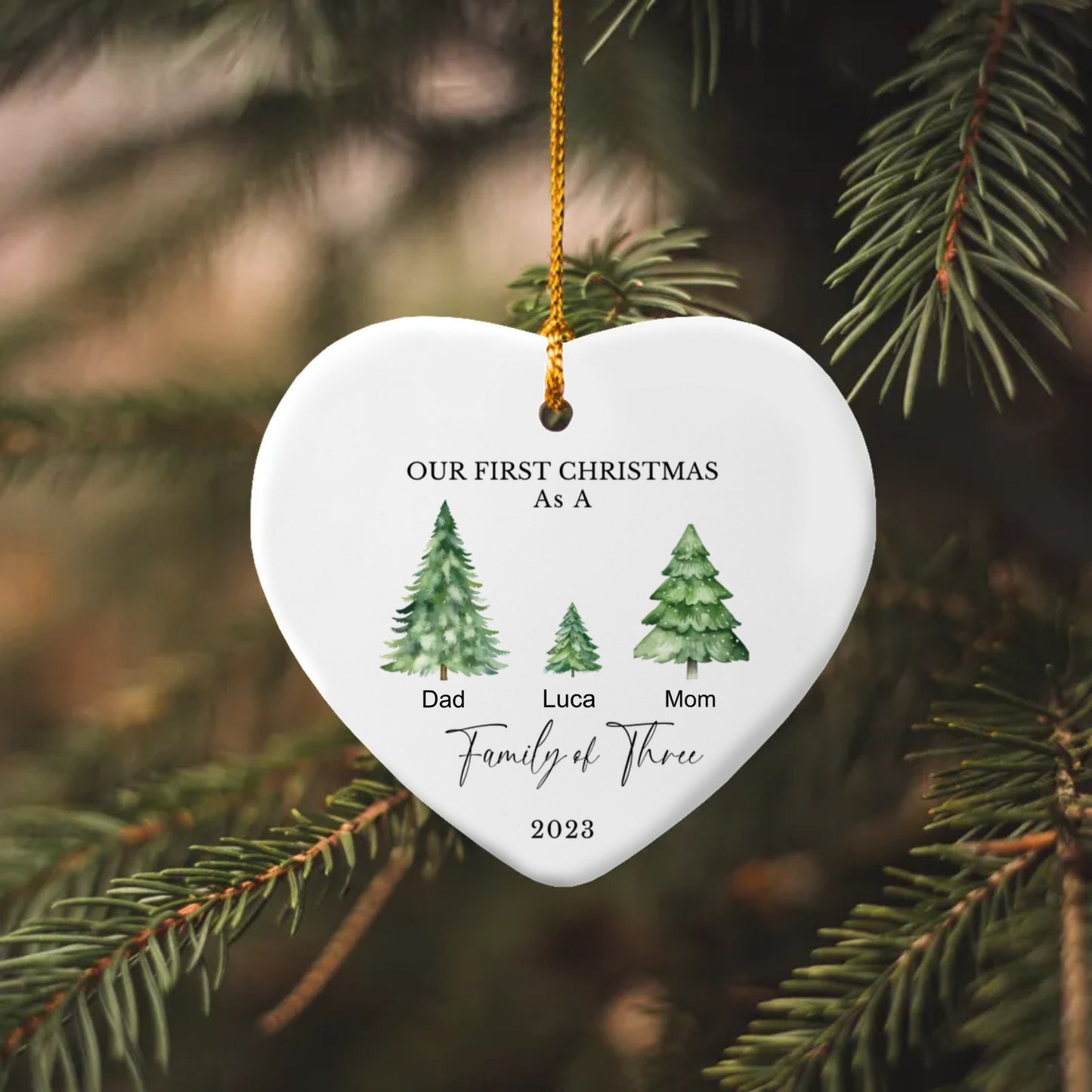 Personalized Family of Three Heart Ornament